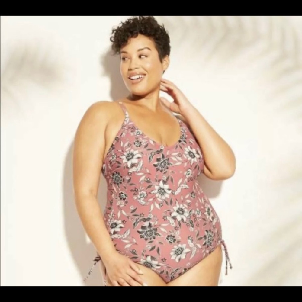 Mauve Pink Floral Plus Size Side Cinch Swimsuit 18w or 22w